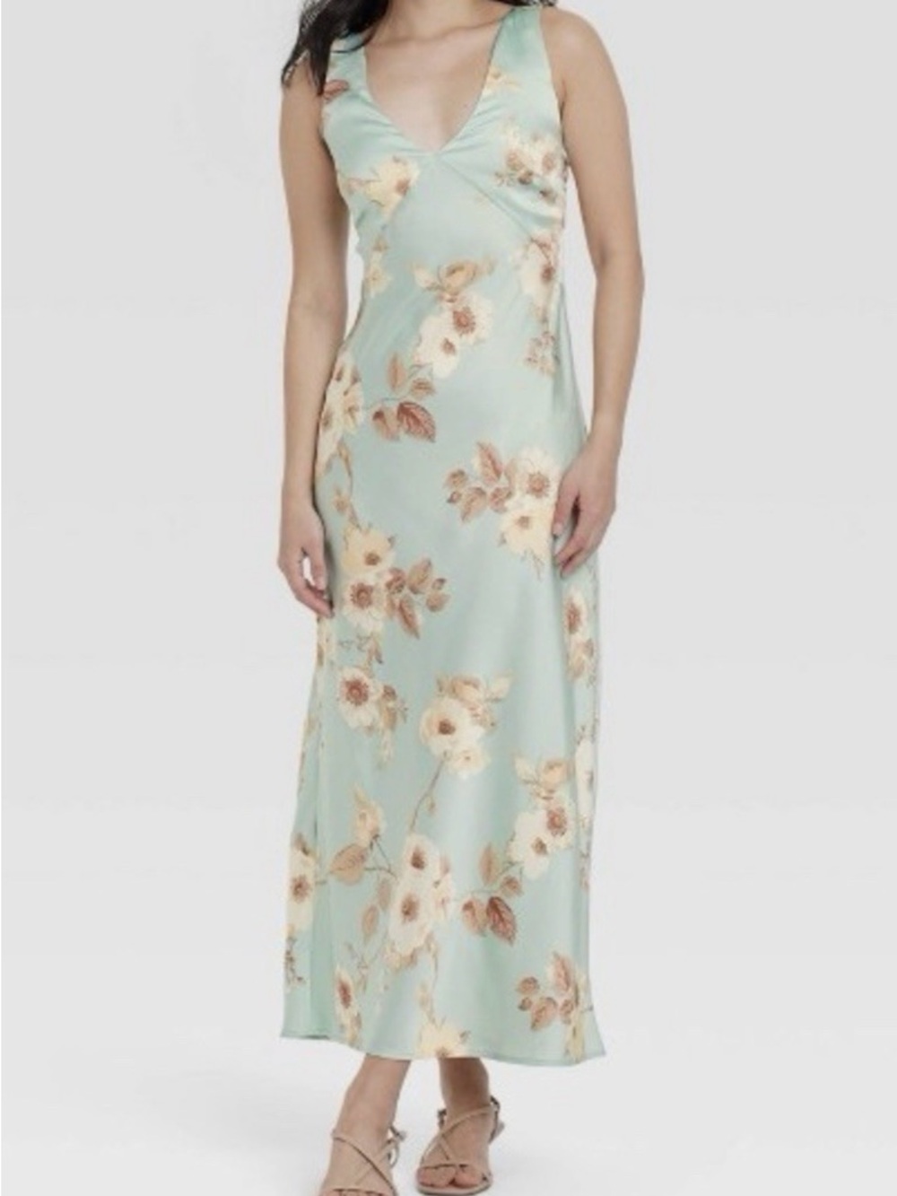 Floral Satin Slip Dress in Mint